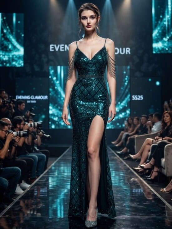 Dresses & Skirts - Emerald Sequin V-Neck Evening Gown with Thigh Slit